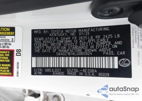 2020 Lexus Es 350 from USA, damaged, VIN 58ADZ1B14LU065924